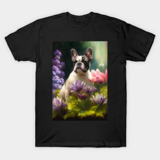 Pied French Bulldog in Flowers Card T-Shirt